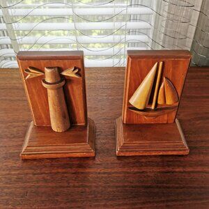 Hand Carved Wooden Nautical Bookends, VTG Wood Intarsia Sailboat and Lighthouse
